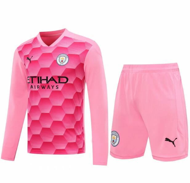 Manchester City Pink Long Sleeve Goalkeeper Soccer Jersey Kits (Shirt+Shorts) 2020/21